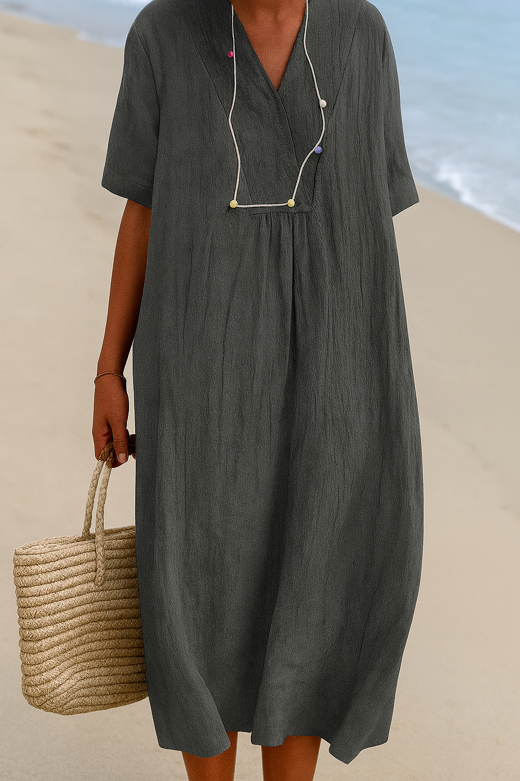 Lightweight Beach Dress with V-Neck & Slip-On Design