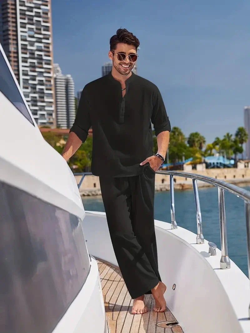 Men's Short Sleeve Shirt & Elastic Waist Shorts Set