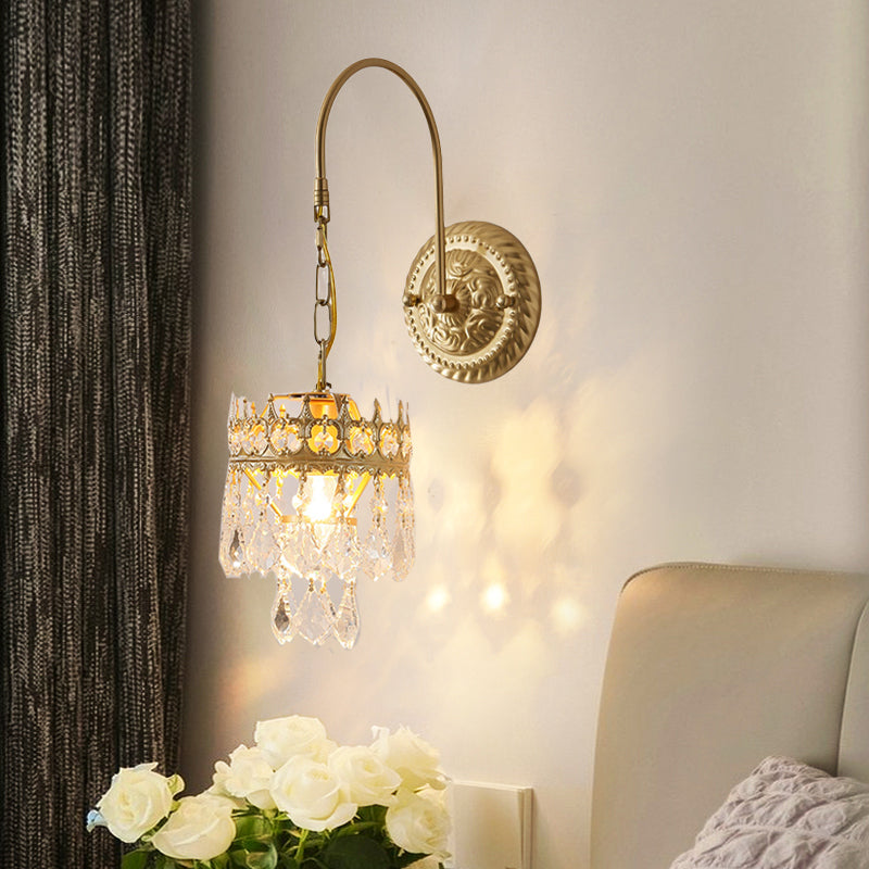 French Cylindrical Iron Crystal 1-Light Wall Scone Lamp