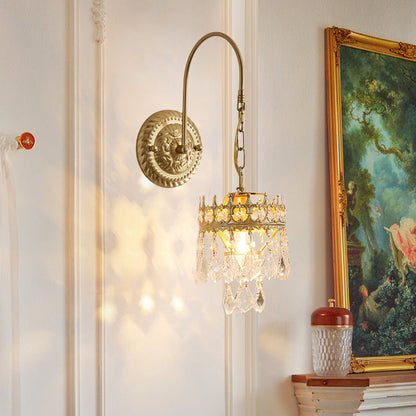 French Cylindrical Iron Crystal 1-Light Wall Scone Lamp