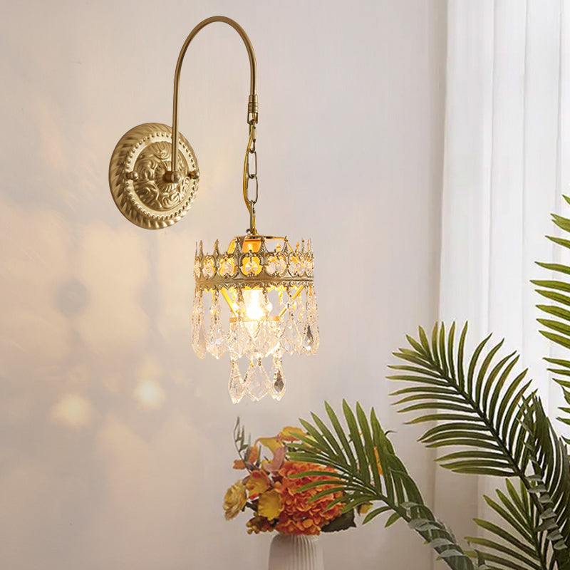 French Cylindrical Iron Crystal 1-Light Wall Scone Lamp