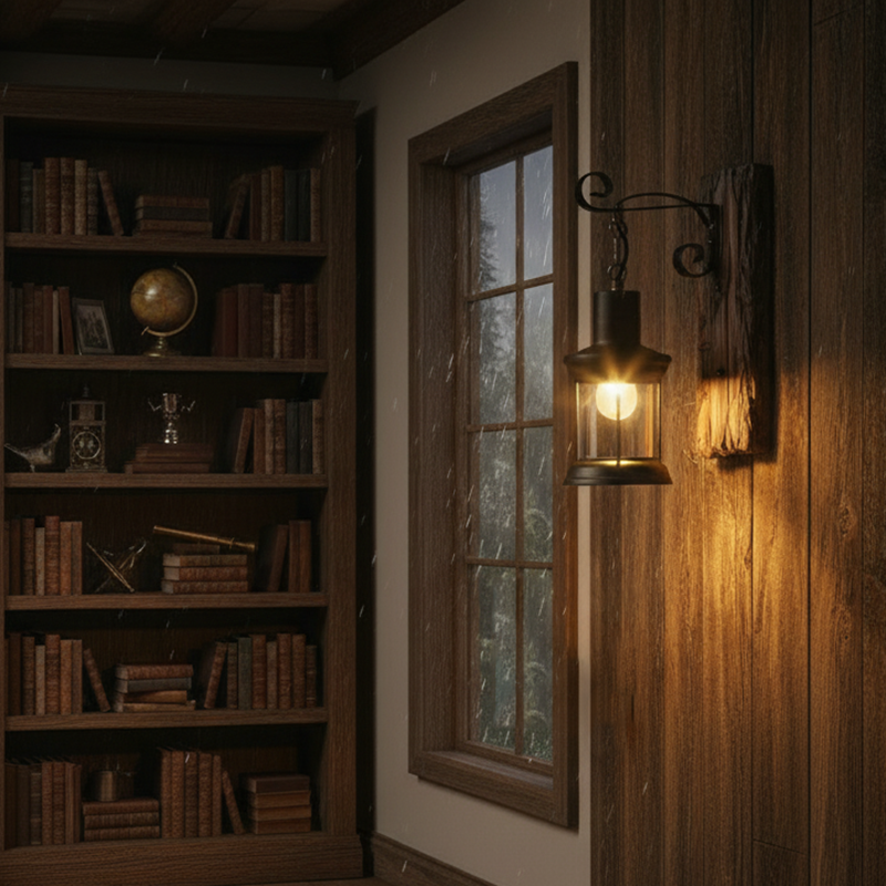 Cylinder Glass Iron Wooden Base 1-Light Wall Sconce Lamp