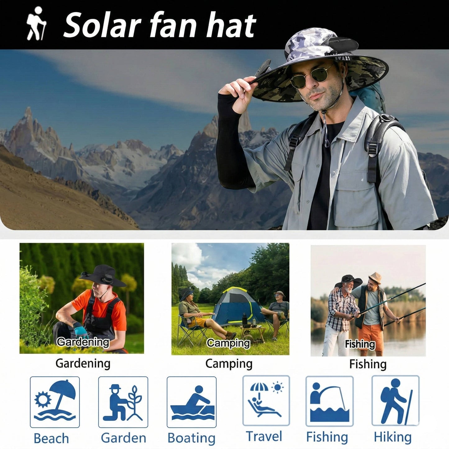 Wide Brim Sun Hat with 2 Solar Cooling Fans