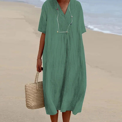 Linen Blend Midi Dress with V-Neck, Loose Fit