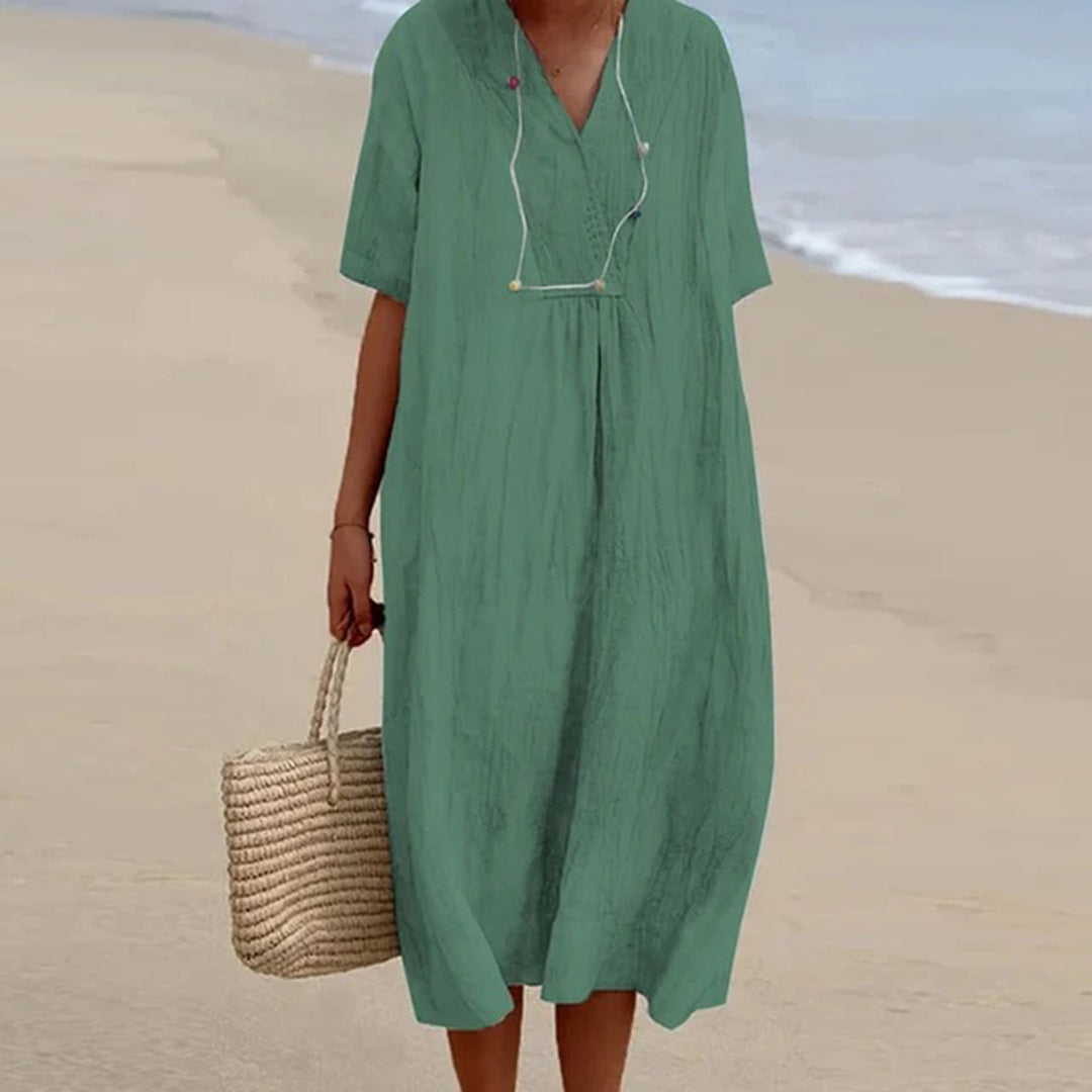 Linen Blend Midi Dress with V-Neck, Loose Fit