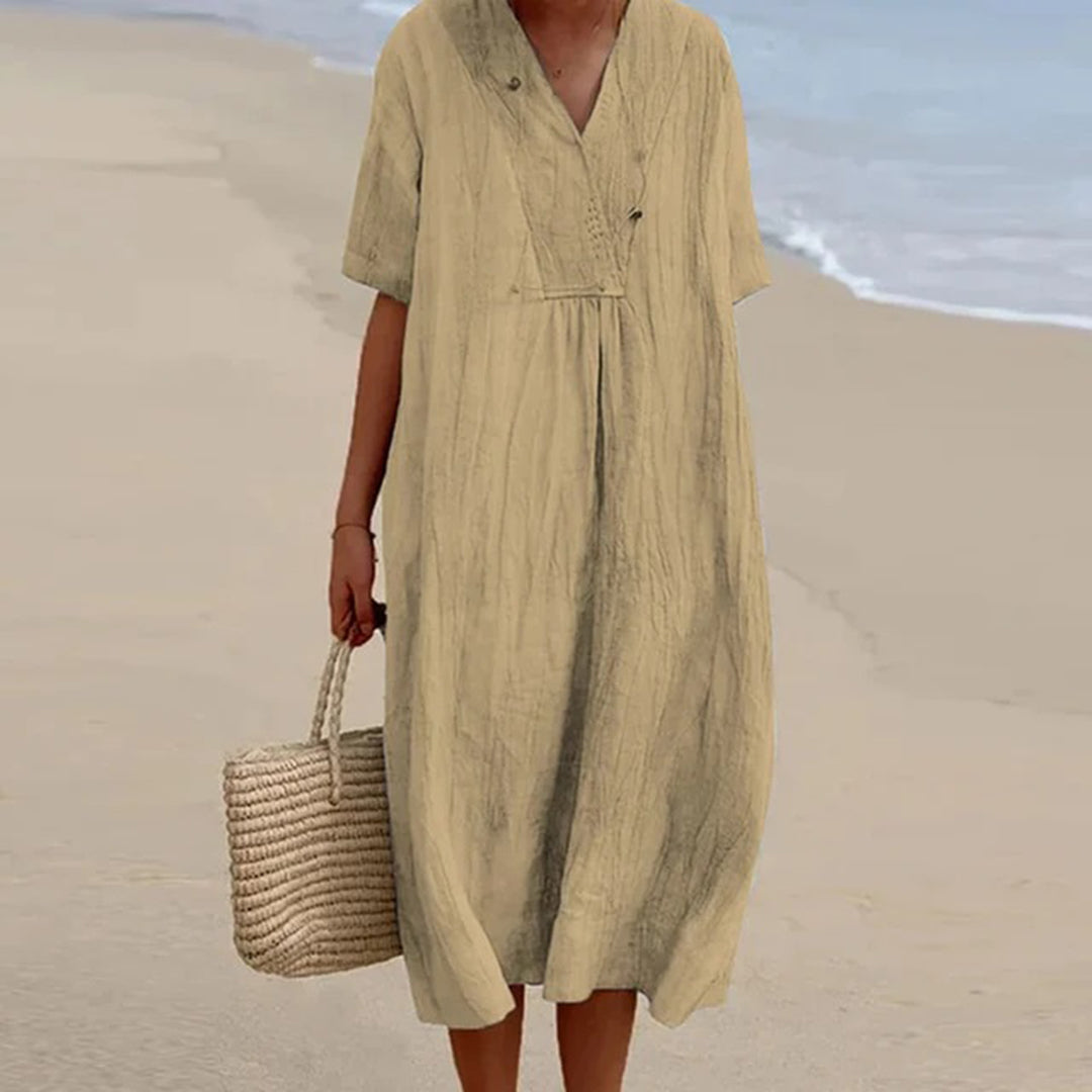Linen Blend Midi Dress with V-Neck, Loose Fit