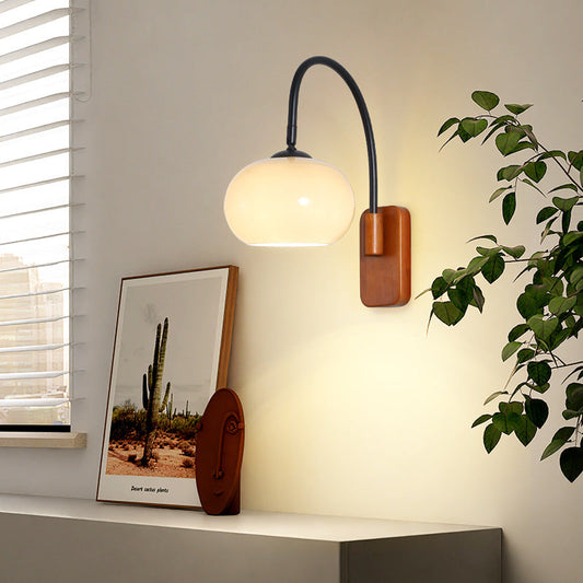 Traditional Wood Round Glass Shade 1-Light Wall Sconce Lamp