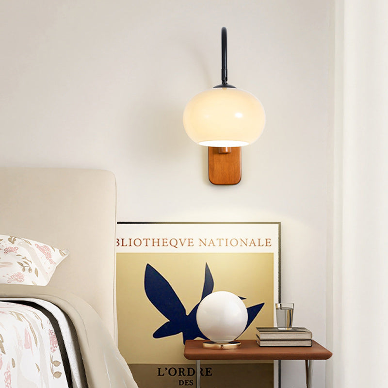 Traditional Wood Round Glass Shade 1-Light Wall Sconce Lamp