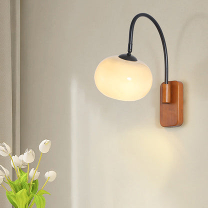 Traditional Wood Round Glass Shade 1-Light Wall Sconce Lamp
