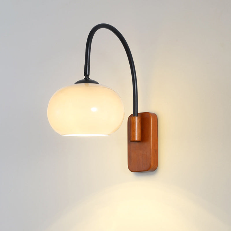 Traditional Wood Round Glass Shade 1-Light Wall Sconce Lamp