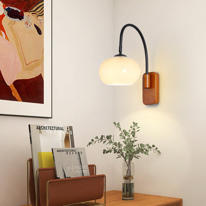 Traditional Wood Round Glass Shade 1-Light Wall Sconce Lamp