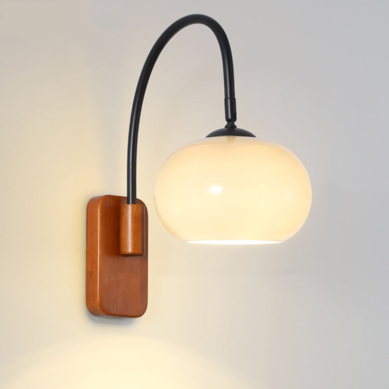 Traditional Wood Round Glass Shade 1-Light Wall Sconce Lamp