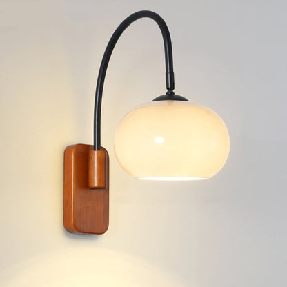 Traditional Wood Round Glass Shade 1-Light Wall Sconce Lamp