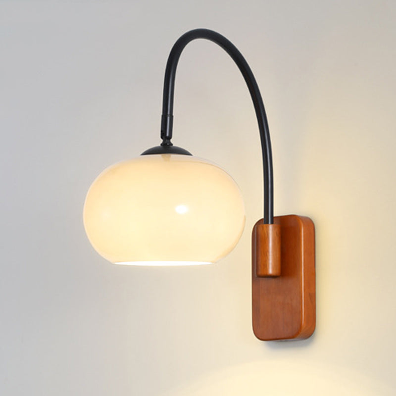 Traditional Wood Round Glass Shade 1-Light Wall Sconce Lamp