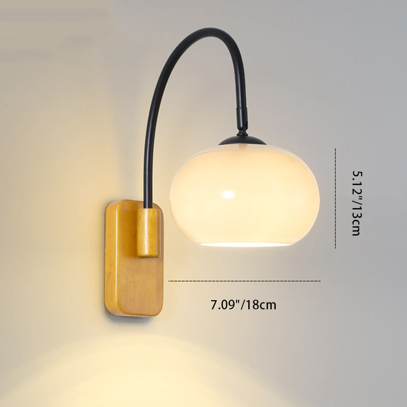 Traditional Wood Round Glass Shade 1-Light Wall Sconce Lamp