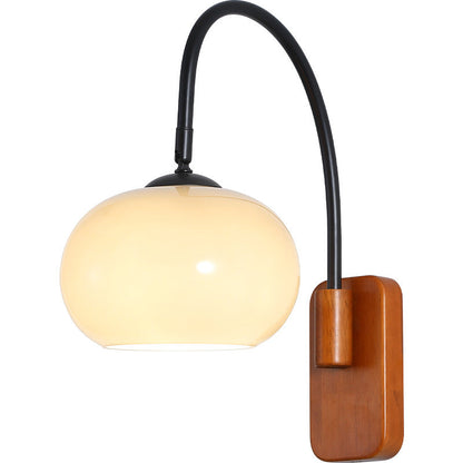 Traditional Wood Round Glass Shade 1-Light Wall Sconce Lamp
