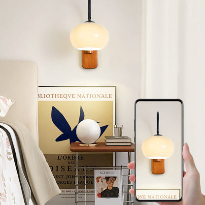 Traditional Wood Round Glass Shade 1-Light Wall Sconce Lamp