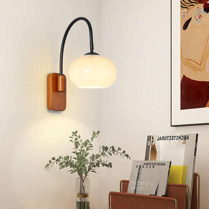 Traditional Wood Round Glass Shade 1-Light Wall Sconce Lamp