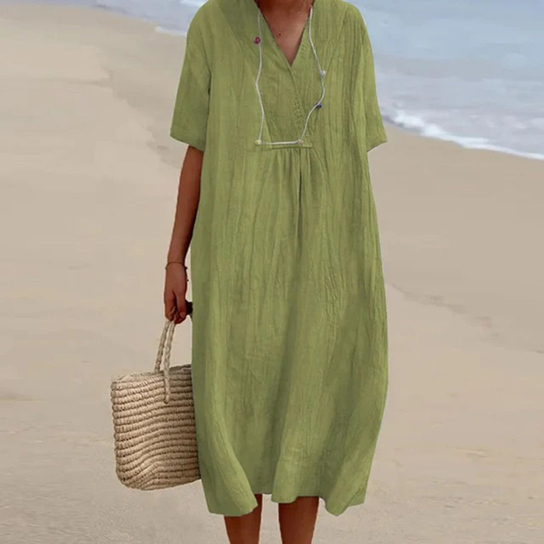 Linen Blend Midi Dress with V-Neck, Loose Fit