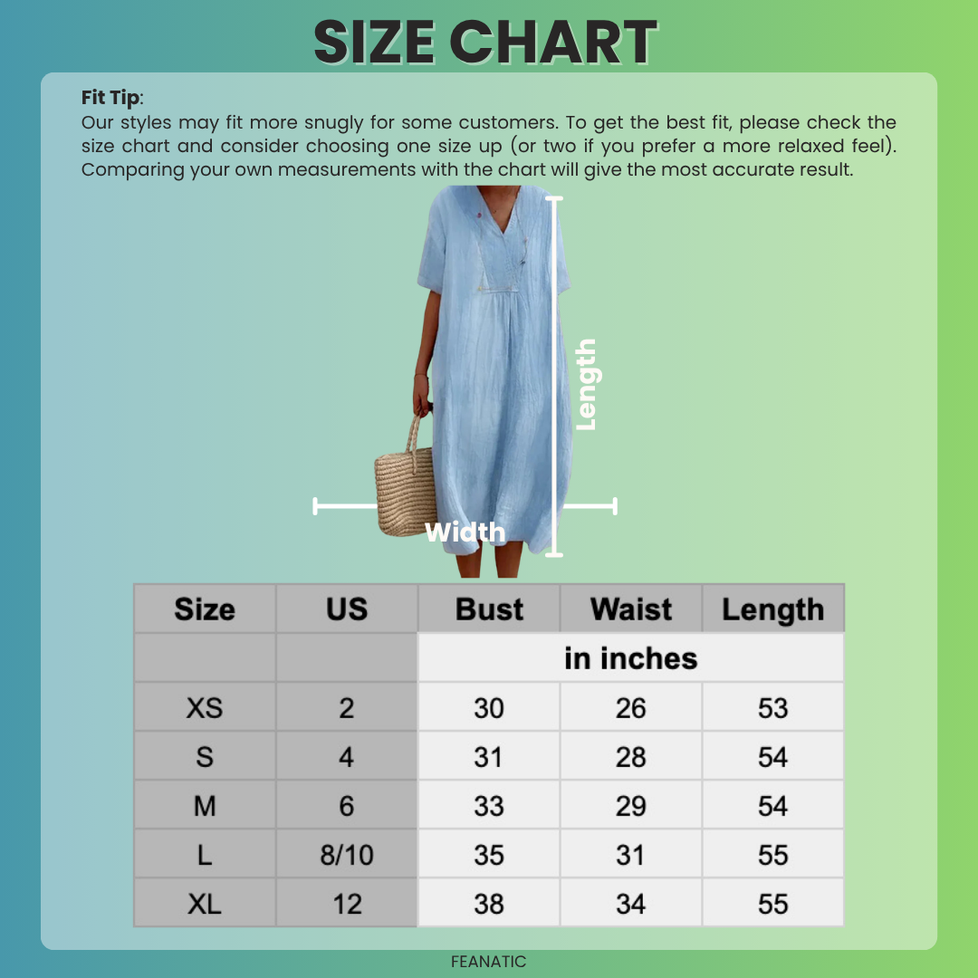 Linen Blend Midi Dress with V-Neck, Loose Fit