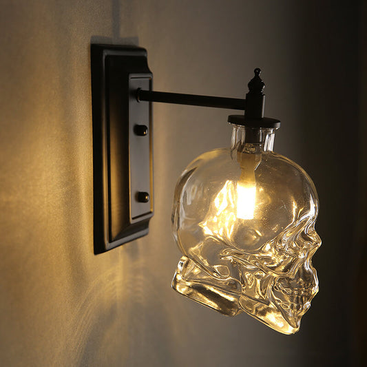 Round Skull Glass Iron 1-Light Halloween Wall Sconce Lamp