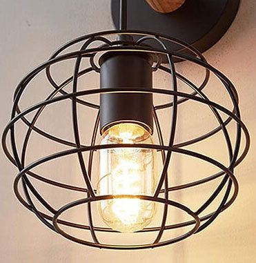 Wrought Black Round Iron Shade 1-Light Wall Sconce Lamp