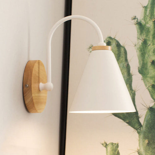 Minimalist Cone Shade Wooden Base 1-Light Wall Sconce Lamp