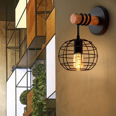 Wrought Black Round Iron Shade 1-Light Wall Sconce Lamp