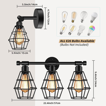Vintage Wrought Iron Cage 3-Light Wall Sconce Lamp