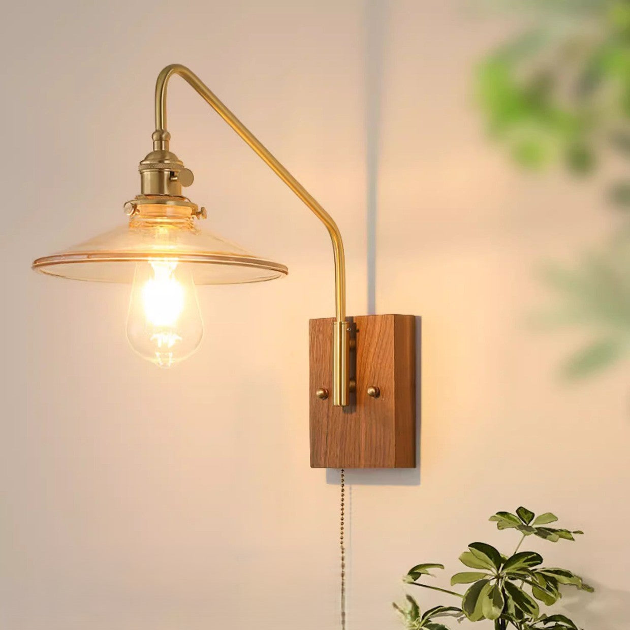 Disc Base Glass Copper Walnut 1-Light Wall Sconce Lamp
