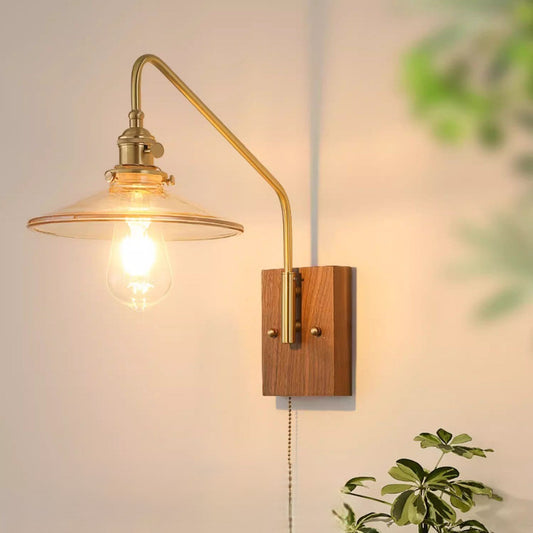 Disc Base Glass Copper Walnut 1-Light Wall Sconce Lamp