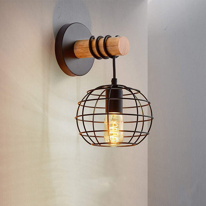 Wrought Black Round Iron Shade 1-Light Wall Sconce Lamp