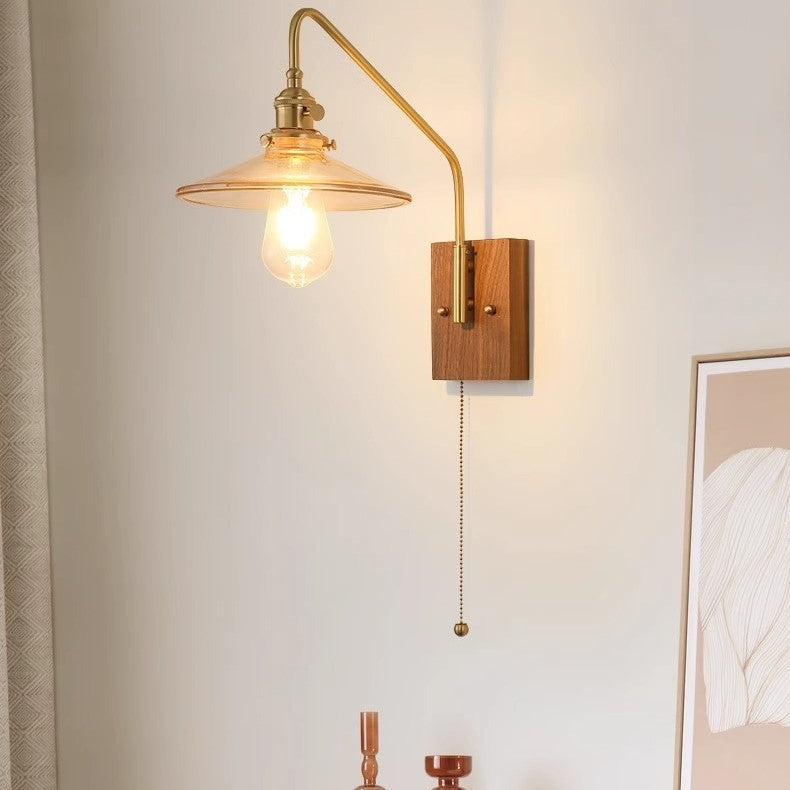 Disc Base Glass Copper Walnut 1-Light Wall Sconce Lamp