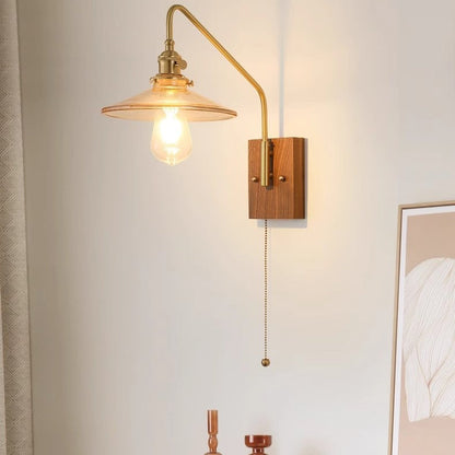 Disc Base Glass Copper Walnut 1-Light Wall Sconce Lamp