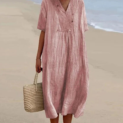 Linen Blend Midi Dress with V-Neck, Loose Fit