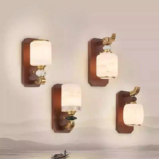Modern Chinese Wooden Wall Sconce - Brass & Frosted Glass LED Light Fixture