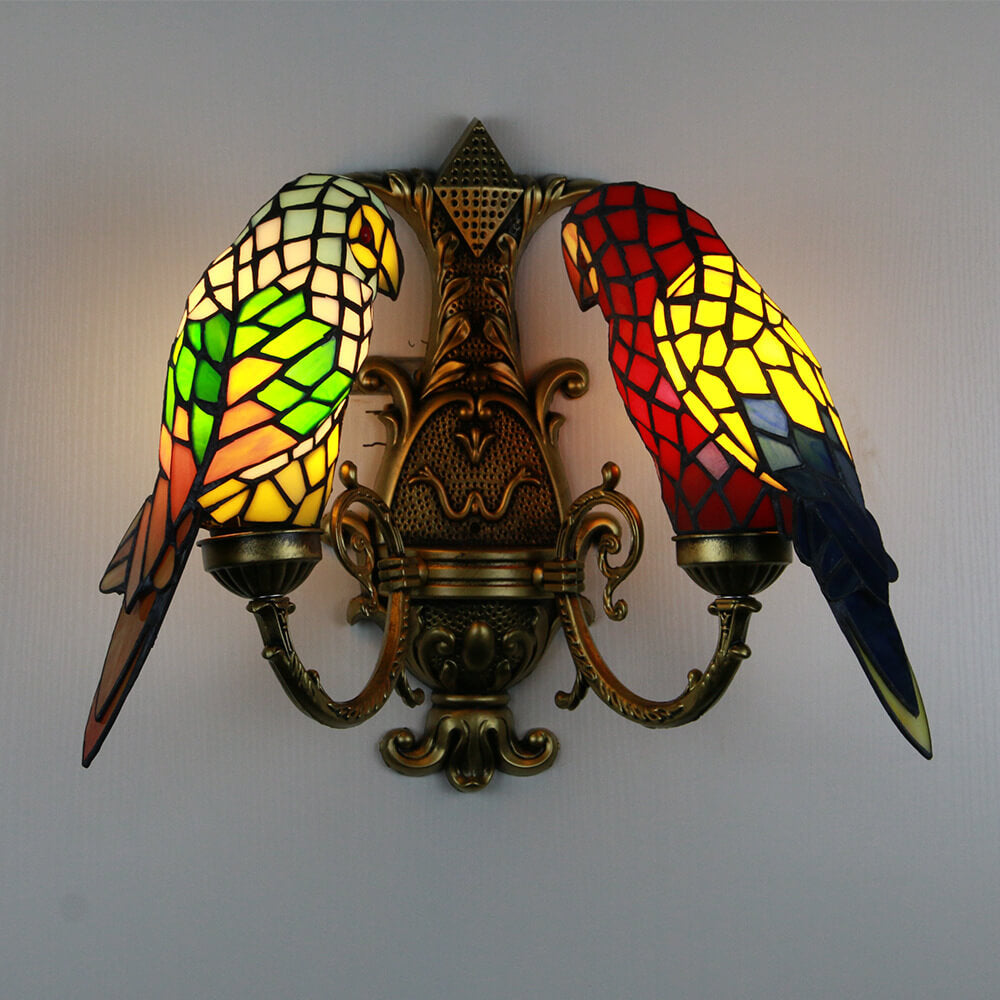 Tiffany Parrot Stained Glass 2-Light Wall Sconce Lamp