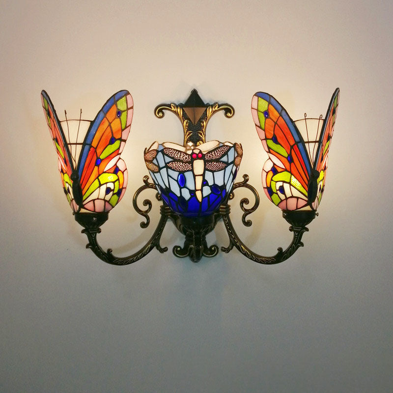 Tiffany Butterfly Alloy Iron Glass 3-Light Wall Sconce Lamp