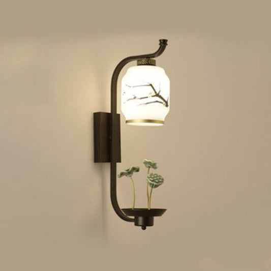 Chinese Ceramic Cylinder Lotus 1-Light Wall Sconce Lamp