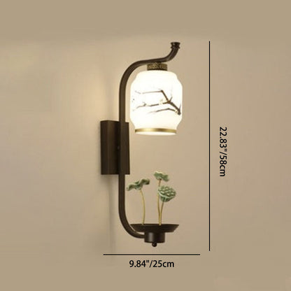 Chinese Ceramic Cylinder Lotus 1-Light Wall Sconce Lamp
