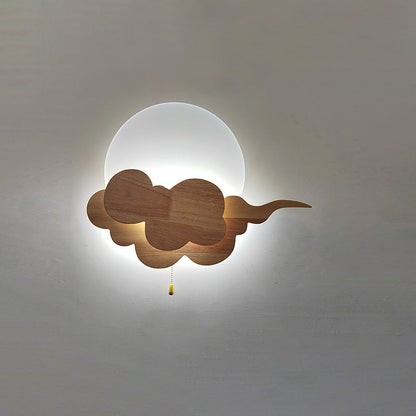Chinese Round Cloudy Wood Acrylic LED Wall Sconce Lamp