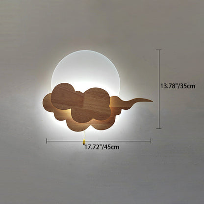 Chinese Round Cloudy Wood Acrylic LED Wall Sconce Lamp