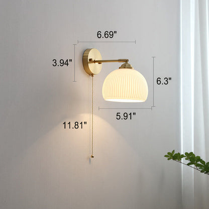 Nordic Striped Milk Glass Brass Pull Cord Wall Sconce