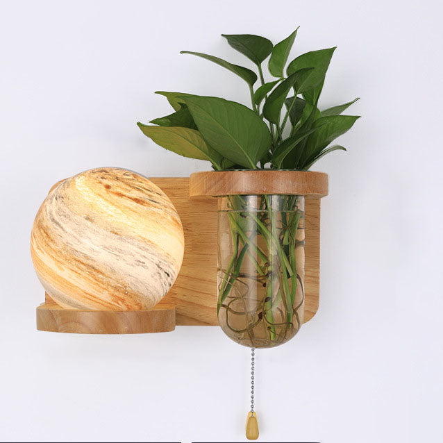 Minimalist Oak Glass Planet 1-Light Wall Sconce Lamp