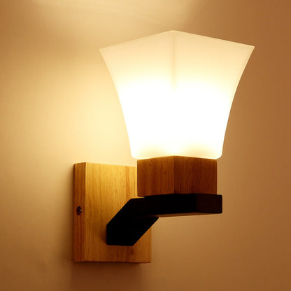 Quadrangular Solid Wood Iron Glass 1-Light Wall Sconce Lamp