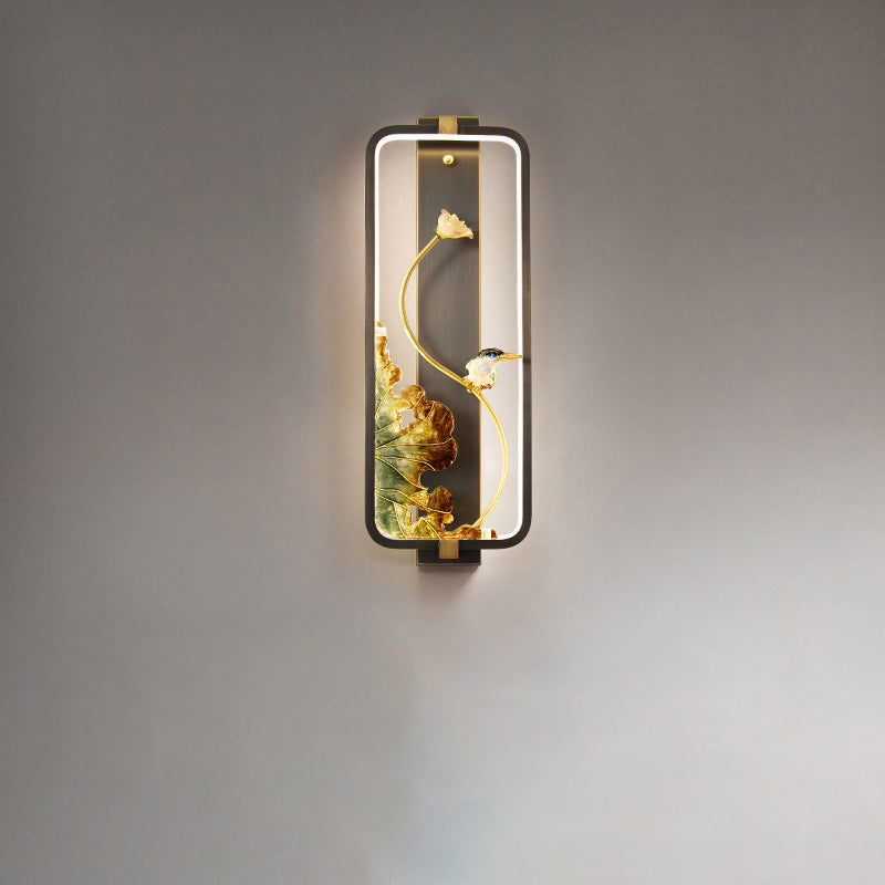 Chinese Copper Rectangular Frame LED Wall Sconce Lamp