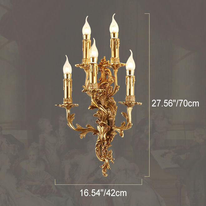 French Copper Candle Carved 5-Light Wall Sconce Lamp