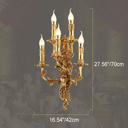 French Copper Candle Carved 5-Light Wall Sconce Lamp