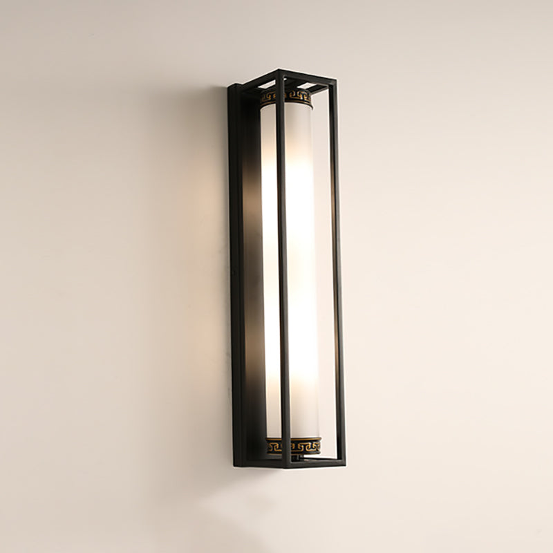 Chinese Glass Rectangular Cylinder 2-Light Wall Sconce Lamp