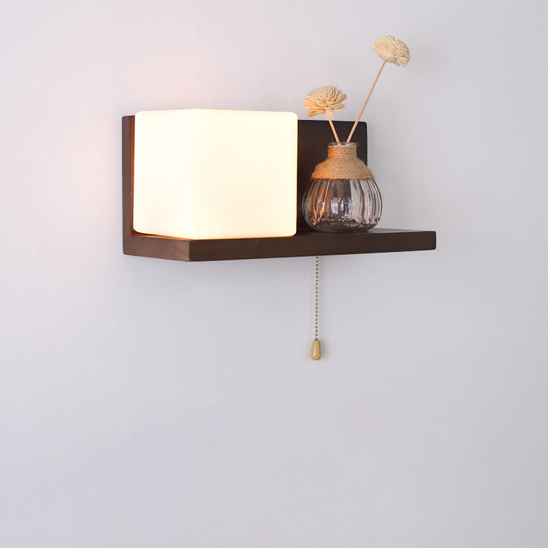 Rectangular Shelf Wood Glass 1-Light Wall Sconce Lamp